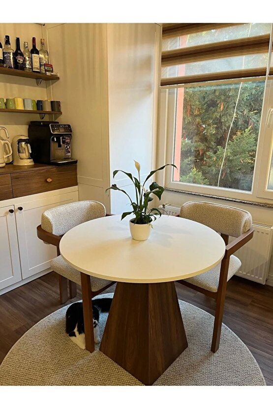 90 Cm Ceviz Ayaklı Ahşap Yemek Masası - Fungi Serisi - Çalışma Masası - Balkon ve Kafe Masası
