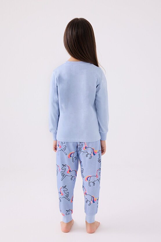 Kız Çocuk Mavi Uzun Kol Pijama Takım