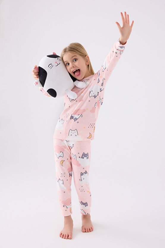 Kız Çocuk Pembe Uzun Kol Pijama Takım
