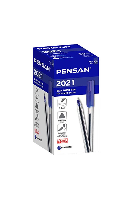 2021 Tükenmez Kalem 1.00 Mm Şeffaf Üçgen Mavi 50li Paket