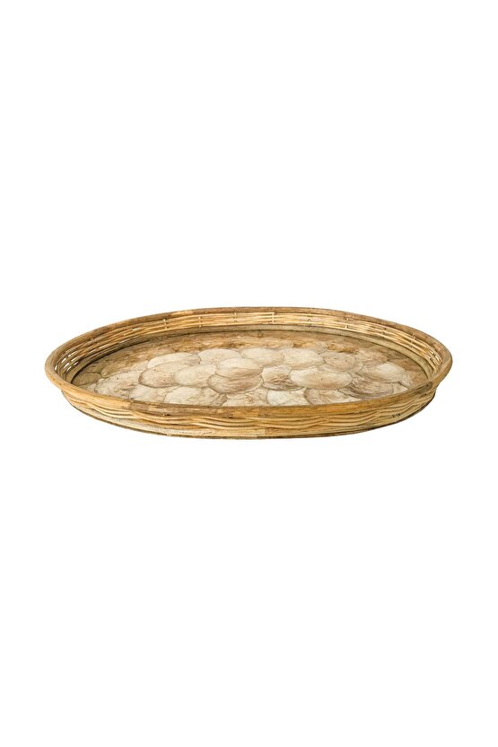 Rattan Dekoratif Oval Hasır El Yapımı Sedef Tepsi Büyük Boy 1 Adet