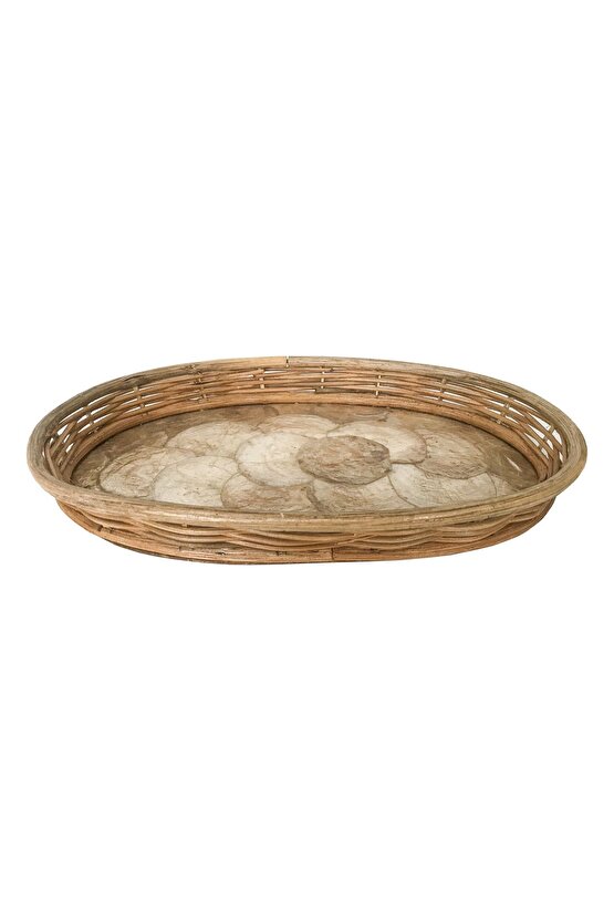 Rattan Dekoratif Oval Hasır El Yapımı Sedef Tepsi Küçük Boy 1 Adet