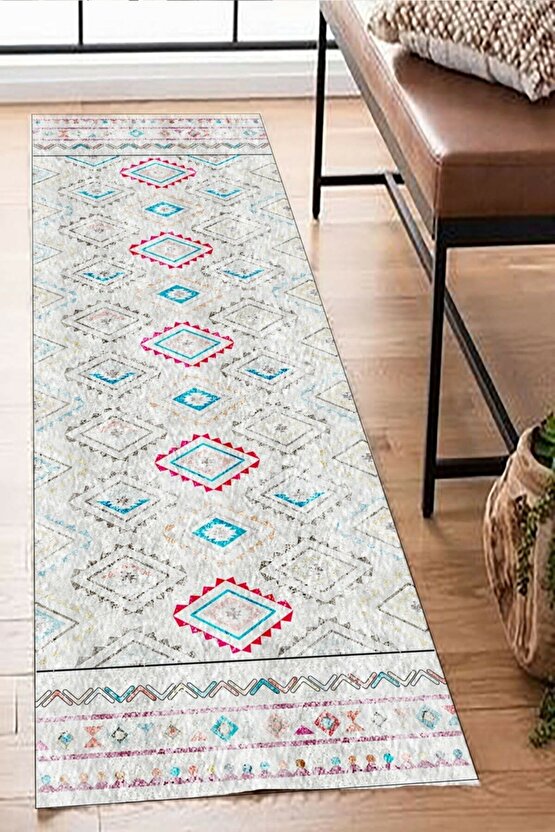 Dijital Baskı Yıkanabilir Kaymaz Taban Iskandinav Model Kilim Desenli Yolluk Halı