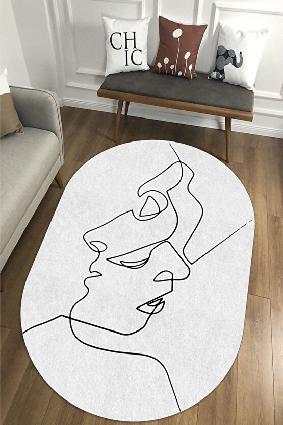 Beyaz Zeminli Minimalist Desenli Oval Halı