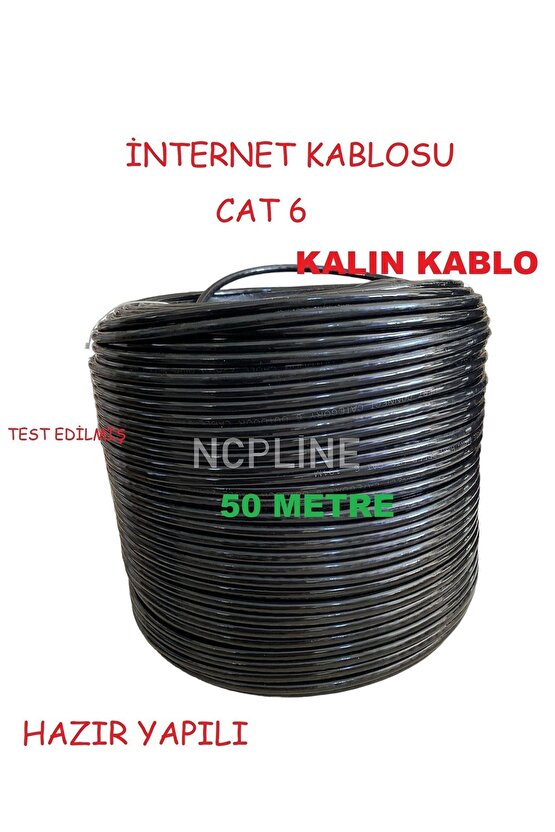 50 Metre Iç Dış Ortam Cat 6 Kablo Siyah Uçları Yapılı Garantili Modem Pc Arası