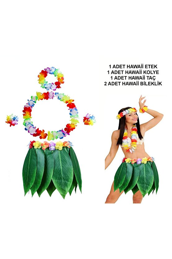 Yetişkin Hawaii Kostüm Seti - Yaprak Etek & Hawaii Set - 5 P