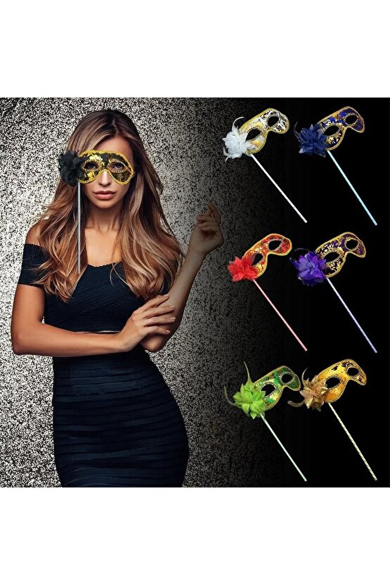 Lüks Taşlı Saplı Maskeli Balo Maskesi Mor Renk 35 cm