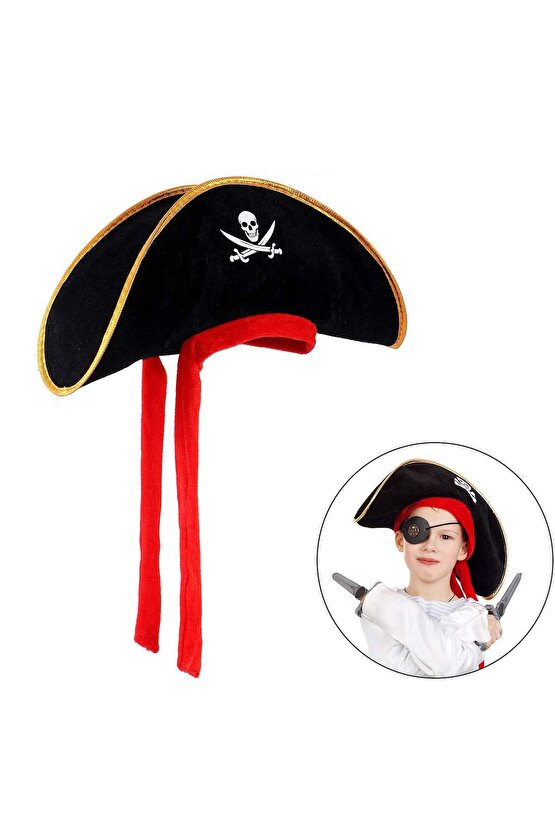Çocuk Boy Kadife Jack Sparrow Denizci Kaptan Jack Korsan Şapkası 45x16 cm