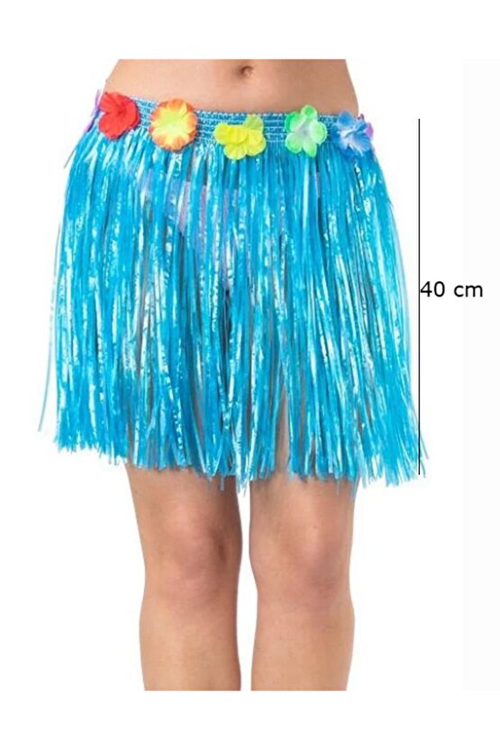 Yetişkin ve Çocuk Uyumlu Mavi Renk Püsküllü Hawaii Luau Hula Ete