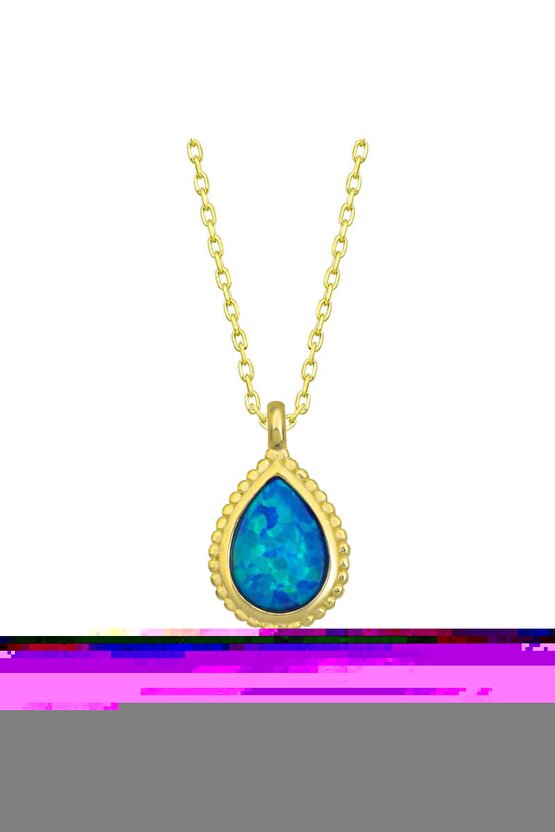 Samur Parti Parti Aksesuar & Kostüm 925 Ayar Gümüş Gold Damla Mavi Opal Taşlı Kadın Kolye