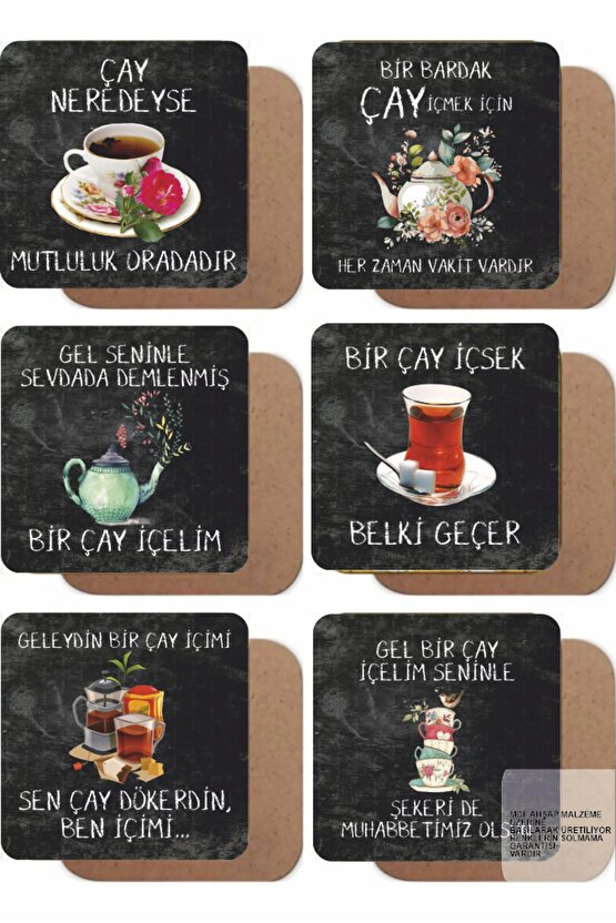 güzel anlamlı çay sözleri duvar yazıları hediyelik 6lı retro ahşap bardak atlığı seti