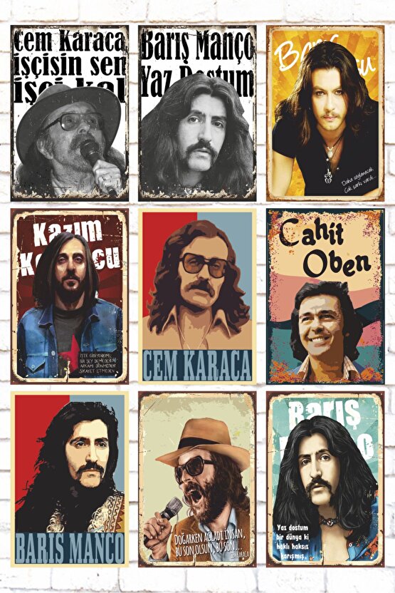 9 Parça Karışık  Ahşap Tablo Seti anadolu rock müzik cem karaca barış manço retro ahşap poster seti