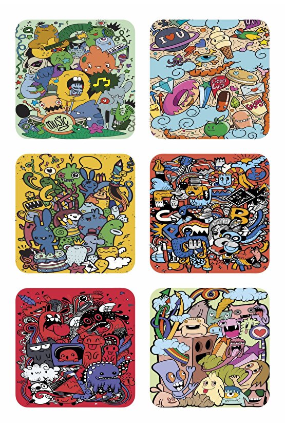 renkli karalama sanatı eğlenceli pop art çizimler 6lı ahşap bardak altlığı seti