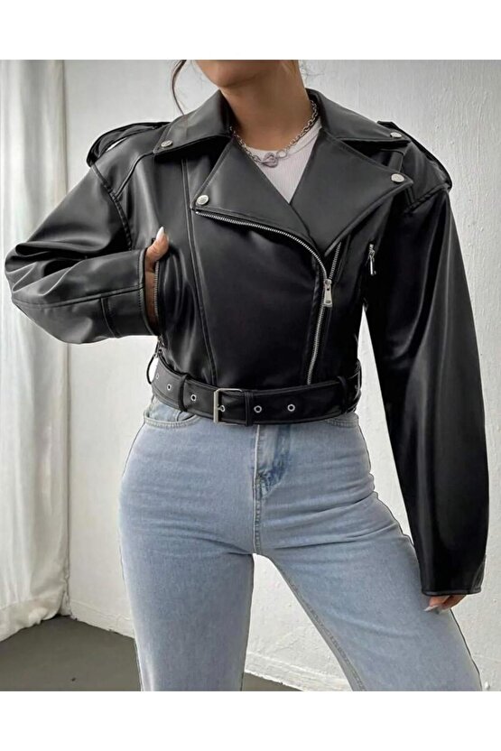 Kemerli Siyah Crop Deri Ceket