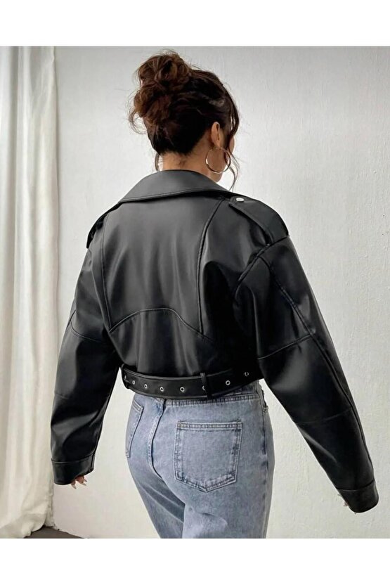 Kemerli Siyah Crop Deri Ceket
