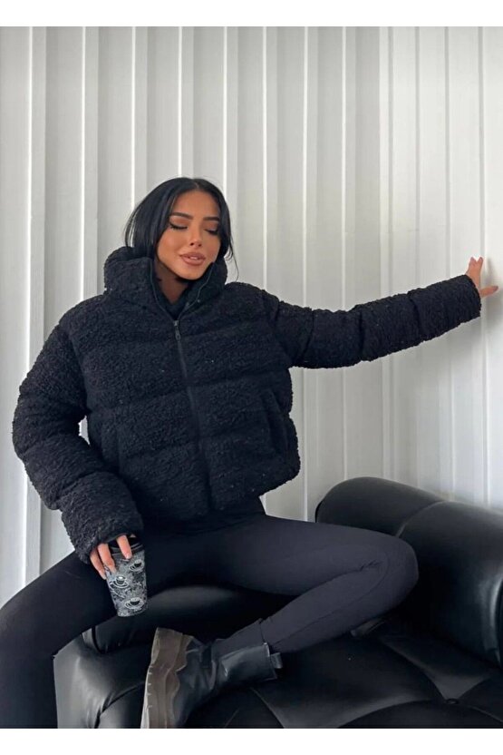Peluş kabartma teddy siyah şişme mont