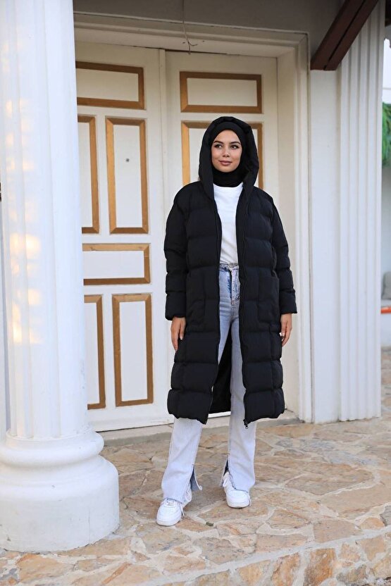 Çift Fermuarlı Bol Kesim Kapüşonlu Siyah Şişme Mont