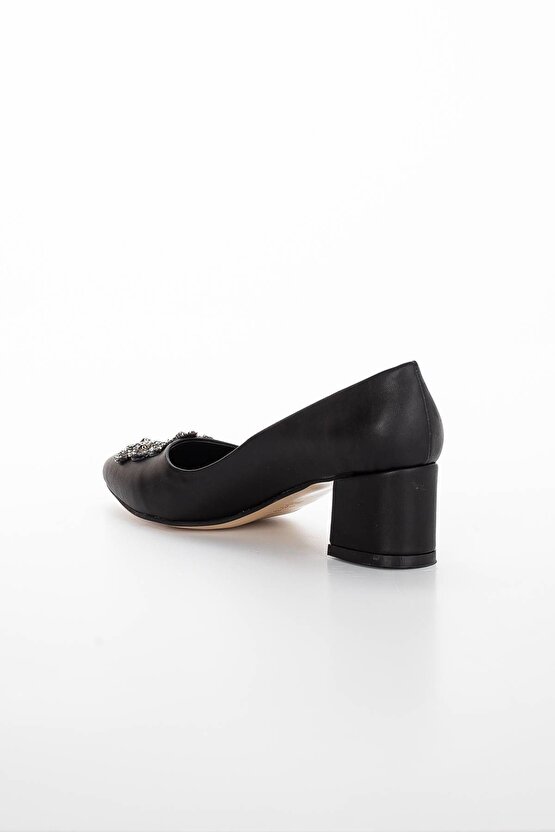 Kadın 5 Cm Kalın Topuklu Mat Siyah Taş Detaylı Çanta Kombinli Stiletto Takımı