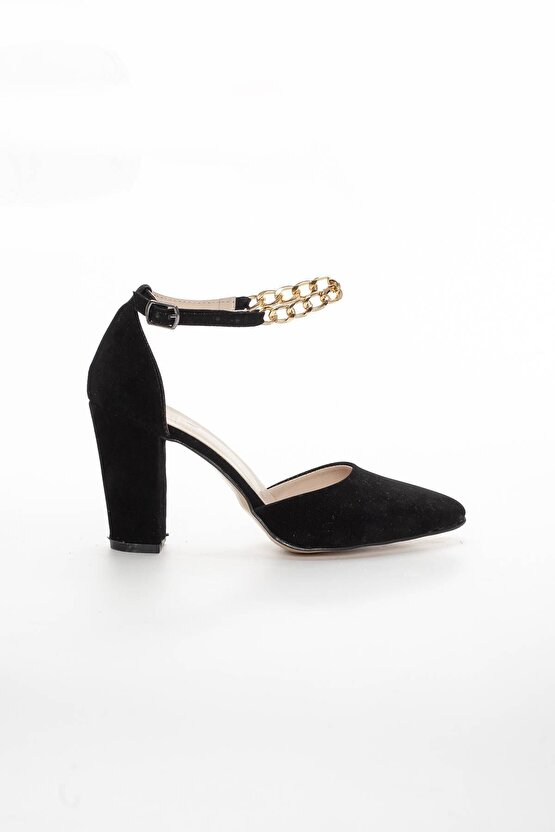 Zincirli Stiletto Siyah Süet