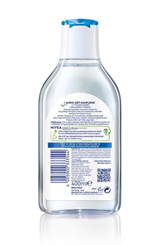 Canlandırıcı Micellar Makyaj Temizleme Suyu 400ml, Amino Asit, E Vitamini, Nemlendirici, Normal Cilt
