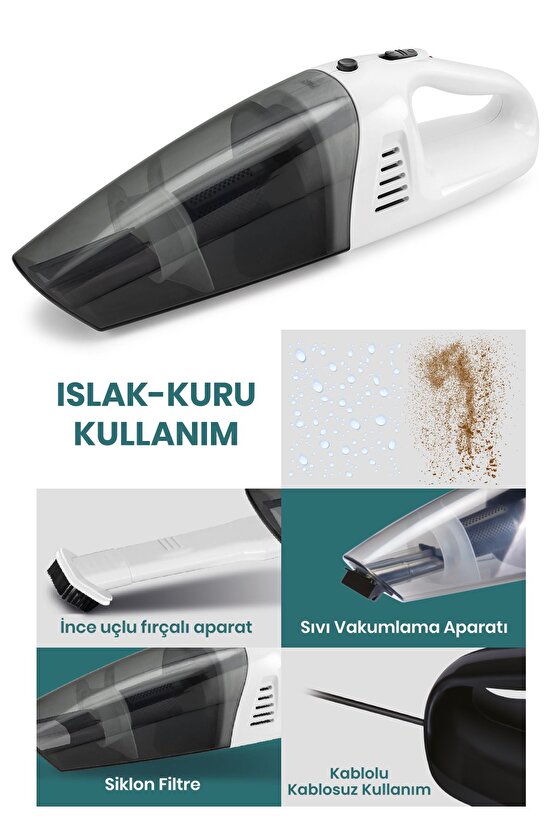 Picky Islak Kuru Siklon Filtreli Fırça Başlıklı Taşınabilir Beyaz Şarjlı El Süpürgesi GM7553B