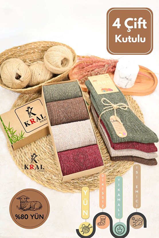 Kışlık (4 ÇİFT) Lambswool Kadınlar Için Termal Kutulu Dikişsiz Yün Çorap