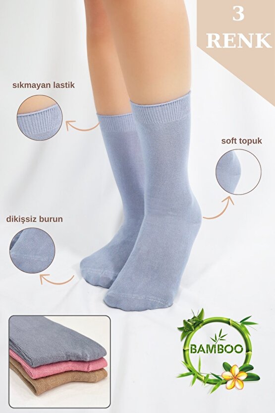 Kadın Çorabı Ter Emici Dikişsiz Extra Soft Model Soket Uzun Bambu Çorap (3 ÇİFT) Asorti Renk