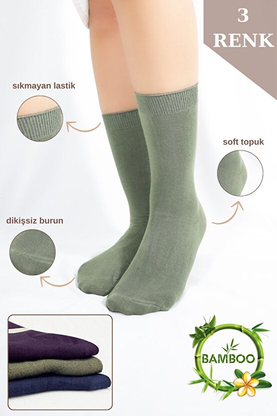 Kadın Çorabı Ter Emici Dikişsiz Extra Soft Model Soket Uzun Bambu Çorap (3 ÇİFT) Asorti Renk
