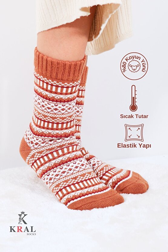 Özel Üretim (2 Çift) Kalın %100 Yün Kışlık Çizgili - Motif Desenli Çorap