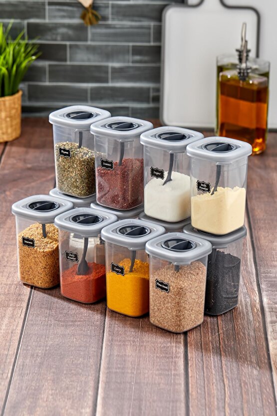 12li 450ml Kilitlenebilir Kapaklı Kendinden Kaşıklı Baharatlık Seti 450ml - 55 Adet Etiket Hediyeli
