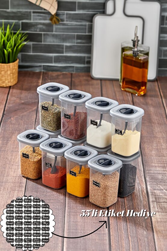12li 450ml Kilitlenebilir Kapaklı Kendinden Kaşıklı Baharatlık Seti 450ml - 55 Adet Etiket Hediyeli