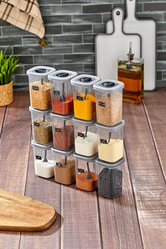 12li 450ml Kilitlenebilir Kapaklı Kendinden Kaşıklı Baharatlık Seti 450ml - 55 Adet Etiket Hediyeli