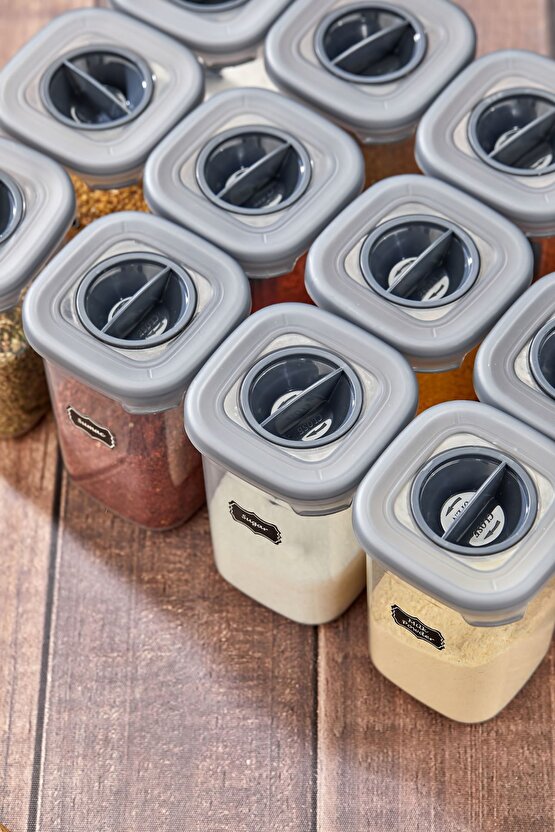 12li 450ml Kilitlenebilir Kapaklı Kendinden Kaşıklı Baharatlık Seti 450ml - 55 Adet Etiket Hediyeli