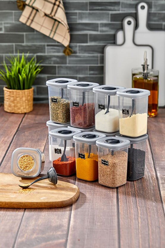 12li 450ml Kilitlenebilir Kapaklı Kendinden Kaşıklı Baharatlık Seti 450ml - 55 Adet Etiket Hediyeli