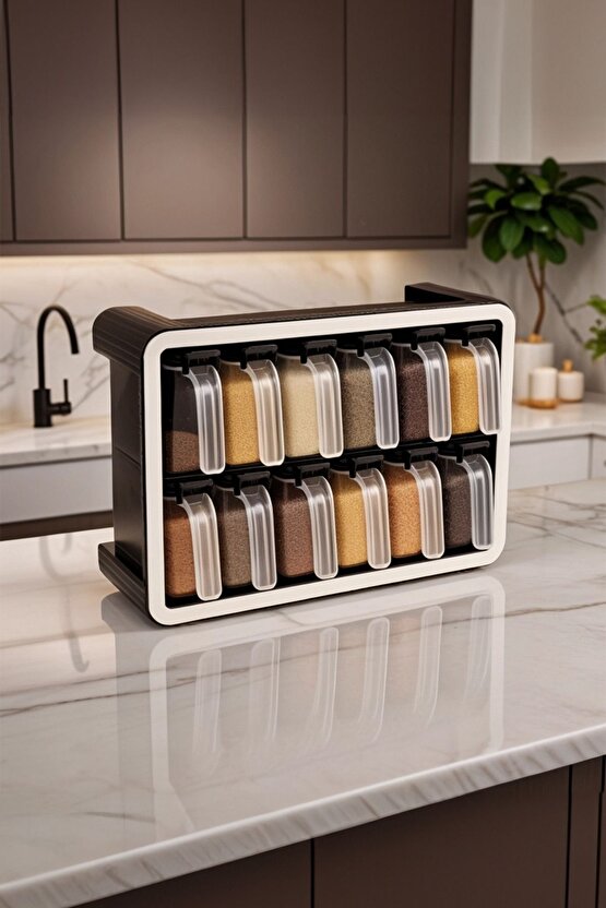 12li 250 ml Standlı Kendinden Yapışkanlı Kaşıklı Baharatlık Seti Siyah