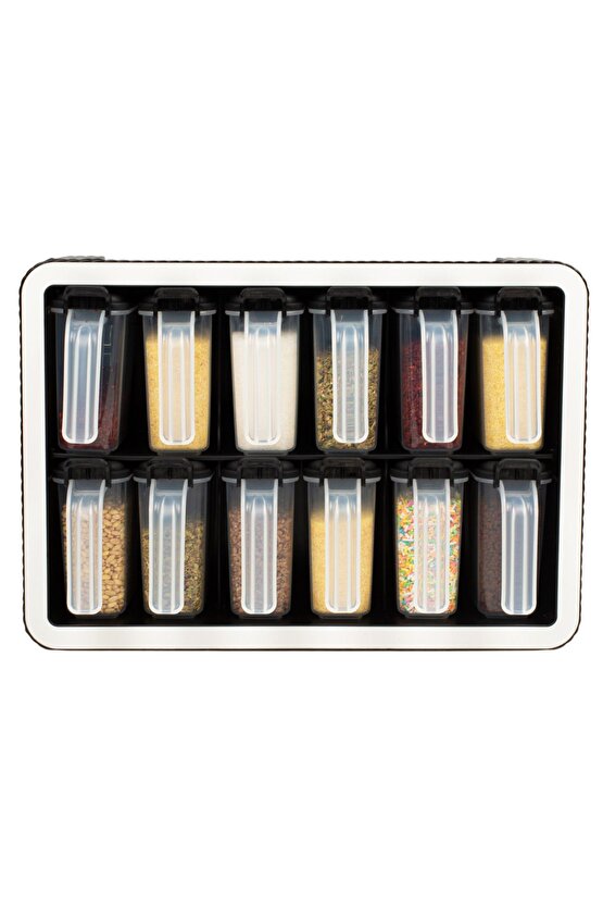12li 250 ml Standlı Kendinden Yapışkanlı Kaşıklı Baharatlık Seti Siyah