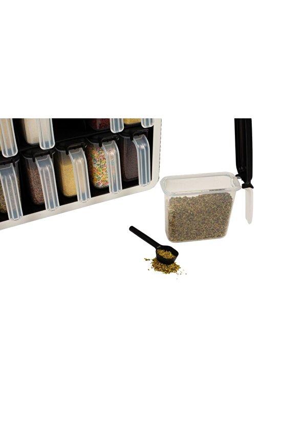 12li 250 ml Standlı Kendinden Yapışkanlı Kaşıklı Baharatlık Seti Siyah