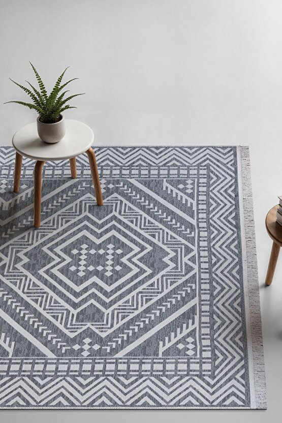 Macro Bohem Touch Serisi Çift Taraflı Dokuma Pamuklu Kilim 1701 Siyah