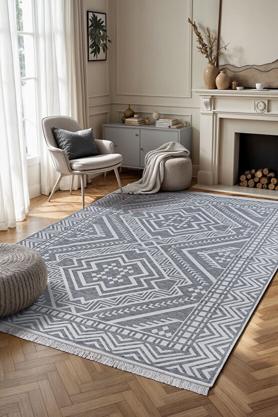 Macro Bohem Touch Serisi Çift Taraflı Dokuma Pamuklu Kilim 1701 Siyah