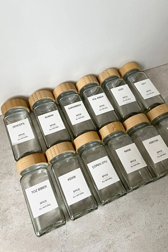 12’li Bambu Kapaklı Kare Formlu Cam Baharatlık Seti 120 ml   16 Adet Etiket Hediye