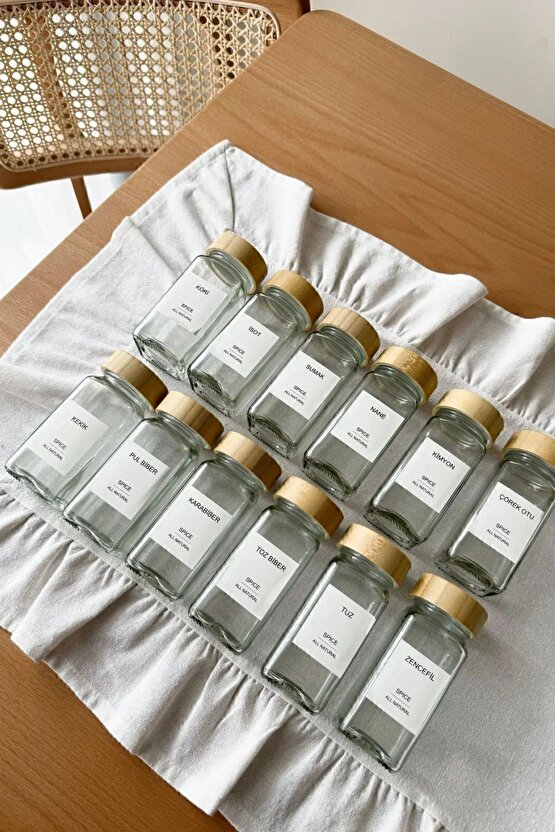 12’li Bambu Kapaklı Kare Formlu Cam Baharatlık Seti 120 ml   16 Adet Etiket Hediye