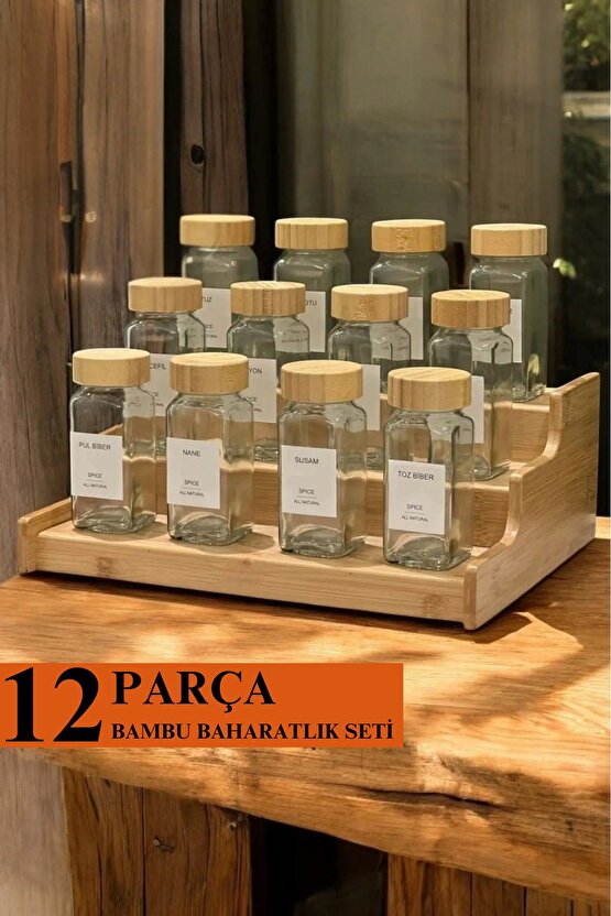 12’li Bambu Kapaklı Kare Formlu Cam Baharatlık Seti 120 ml   16 Adet Etiket Hediye