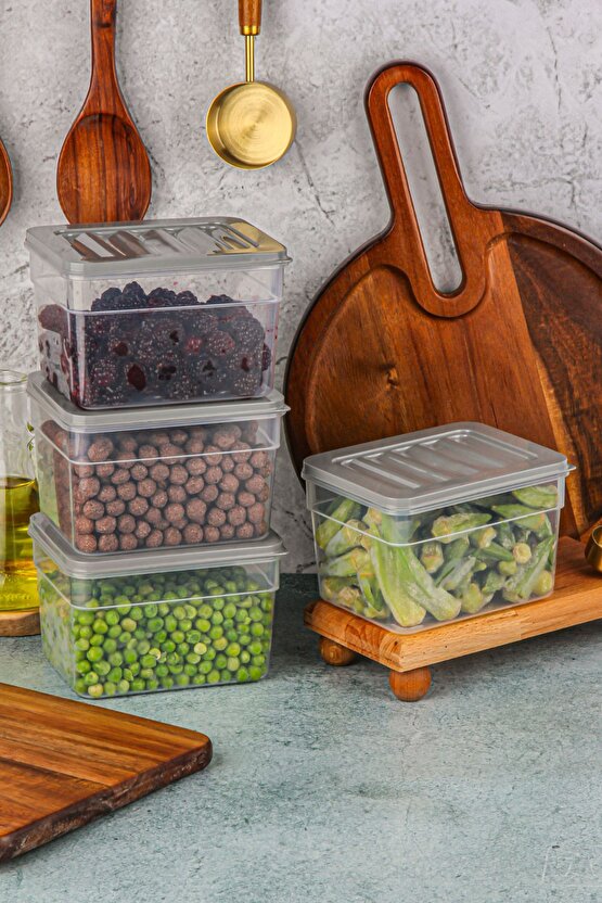 4lü Buzdolabı Düzenleyici Organizer Mikrodalga Ve Difrize Uygun Saklama Kabı Antrasit Set