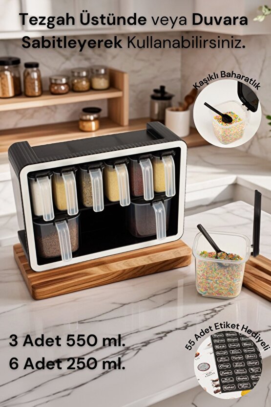 9lu Standlı Kendinden Yapışkanlı 550 ml. & 250 ml. Kaşıklı Kapaklı Kulplu Etiketli Baharatlık Seti