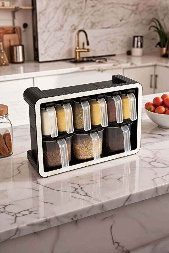 9lu Standlı Kendinden Yapışkanlı 550 ml. & 250 ml. Kaşıklı Kapaklı Kulplu Etiketli Baharatlık Seti