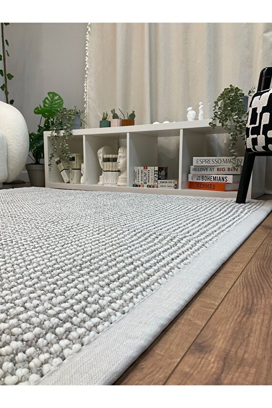 Kumaş Bordür Gri Bukle Krem Bordür  Halı Salon Koridor Mutfak Çocuk Odası Halısı  Kilim S269