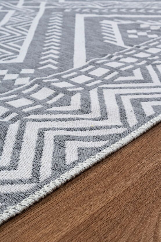 Macro Bohem Touch Serisi Çift Taraflı Dokuma Pamuklu Kilim 1701 Siyah