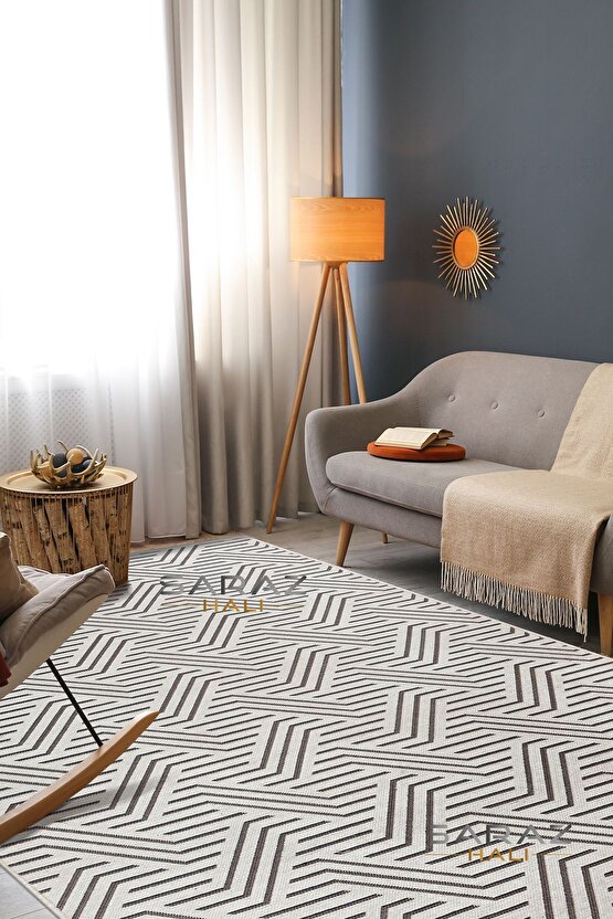 Ada Kilim Modern Salon Mutfak Koridor Kesme Yolluk Dokuma Makine Halısı zigzag krem