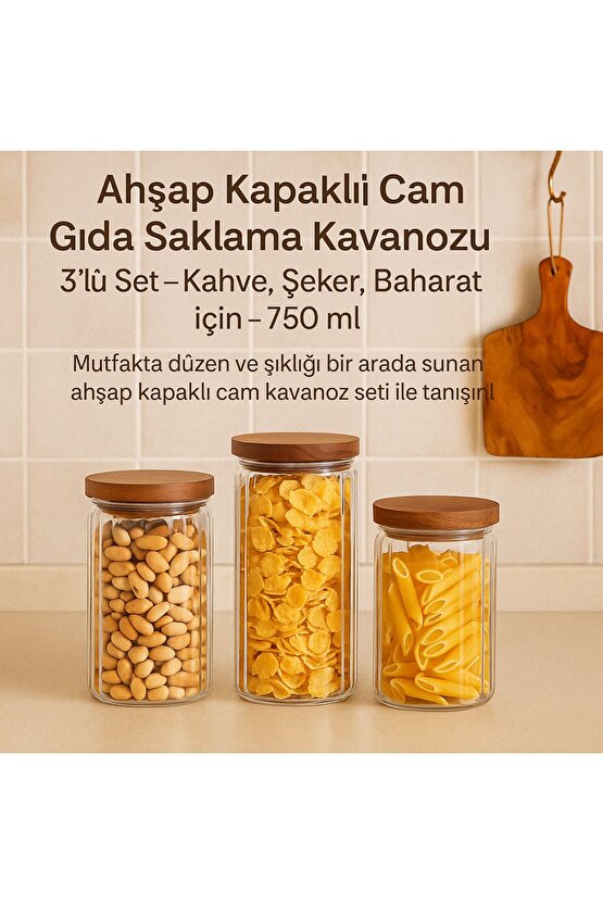 Ahşap Kapaklı Cam Gıda Saklama Kavanozu Vakum Kapaklı Büyük Boy Erzak Bakliyat Seti 3lü Set 750 ml