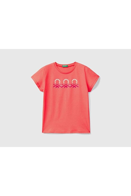 Kız Çocuk Mercan Simli Benetton Yazılı T-shirt